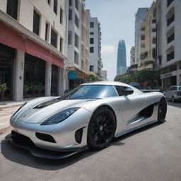 Visualize a sleek, silver Koenigsegg Agera R parked in the bustling urban environment of Malé City. The car contrasts against the traditional architecture of the Maldivian capital, creating a fascinating fusion of modernity and custom.