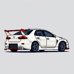 A pixel art depiction of a 2006 Mitsubishi Lancer Evolution IX from a side angle, emphasizing the car's sporty design and distinctive features such as the aggressive front grill, sharp lines, and iconic rear wing