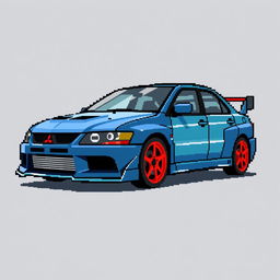 A pixel art depiction of a 2006 Mitsubishi Lancer Evolution IX from a side angle, emphasizing the car's sporty design and distinctive features such as the aggressive front grill, sharp lines, and iconic rear wing