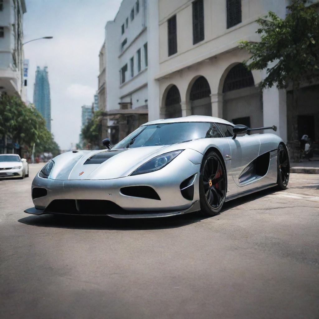 Visualize a sleek, silver Koenigsegg Agera R parked in the bustling urban environment of Malé City. The car contrasts against the traditional architecture of the Maldivian capital, creating a fascinating fusion of modernity and custom.