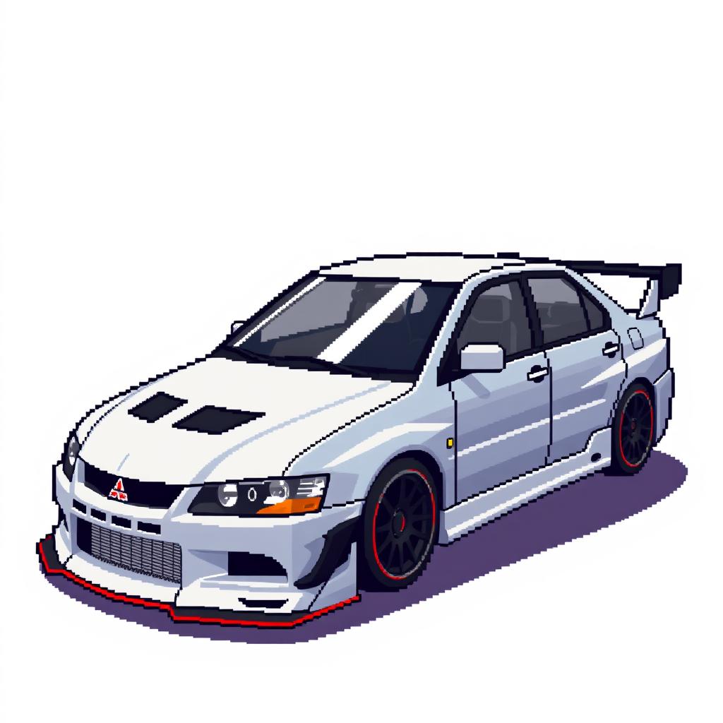 A pixel art illustration of a 2006 Mitsubishi Lancer Evolution IX, designed from a side angle to showcase its sporty and aggressive profile