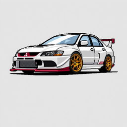 A pixel art illustration of a 2006 Mitsubishi Lancer Evolution IX, designed from a side angle to showcase its sporty and aggressive profile