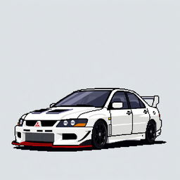 A pixel art illustration of a 2006 Mitsubishi Lancer Evolution IX, designed from a side angle to showcase its sporty and aggressive profile