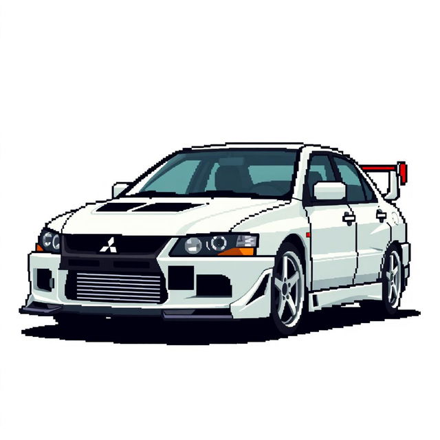 A pixel art illustration of a 2006 Mitsubishi Lancer Evolution IX, designed from a side angle to showcase its sporty and aggressive profile