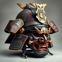 A realistic depiction of a samurai helmet (kabuto) with traditional mask (muneate), featuring intricate details, vibrant colors, and metallic textures