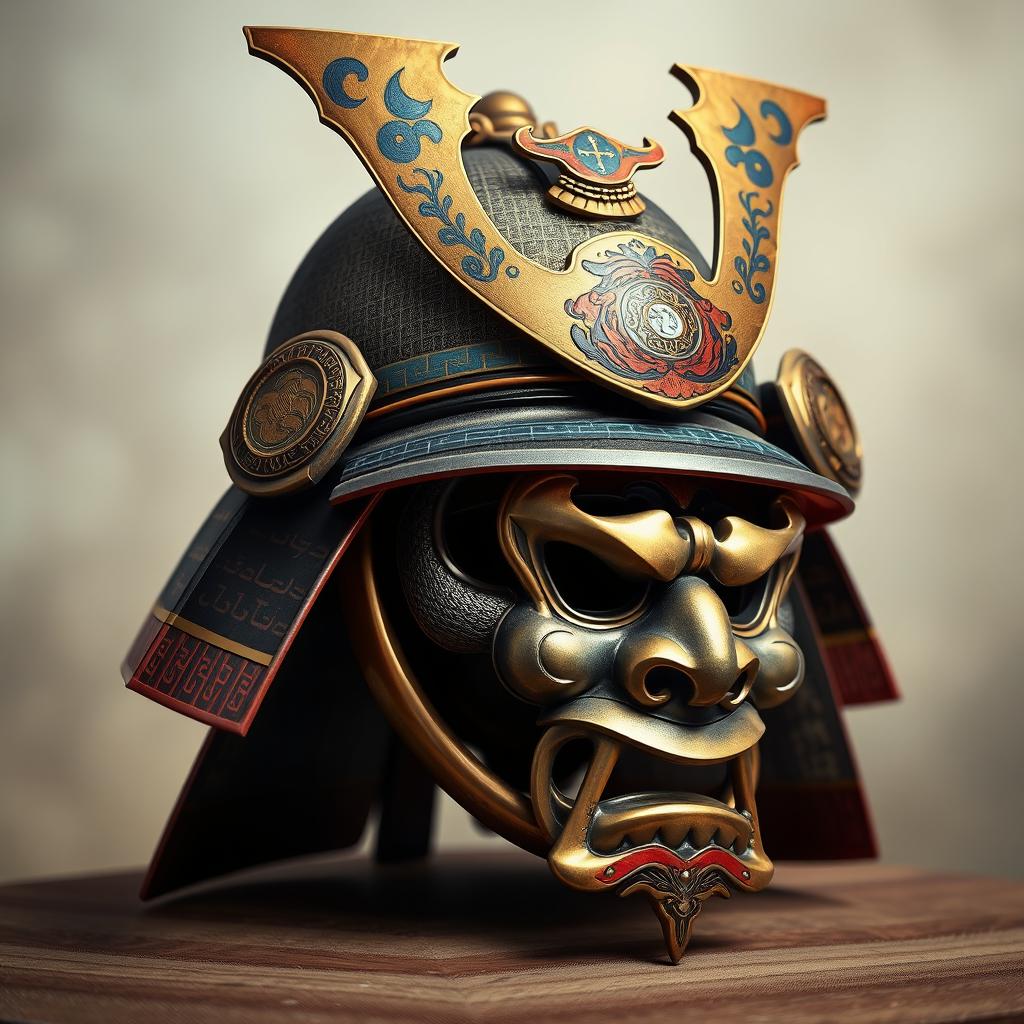 A realistic depiction of a samurai helmet (kabuto) with traditional mask (muneate), featuring intricate details, vibrant colors, and metallic textures