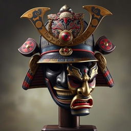 A realistic depiction of a samurai helmet (kabuto) with traditional mask (muneate), featuring intricate details, vibrant colors, and metallic textures