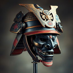 A realistic depiction of a samurai helmet (kabuto) with traditional mask (muneate), featuring intricate details, vibrant colors, and metallic textures