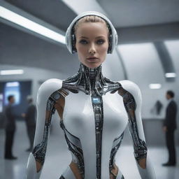A futuristic human living in the year 5022, embodying advanced technology and evolved features
