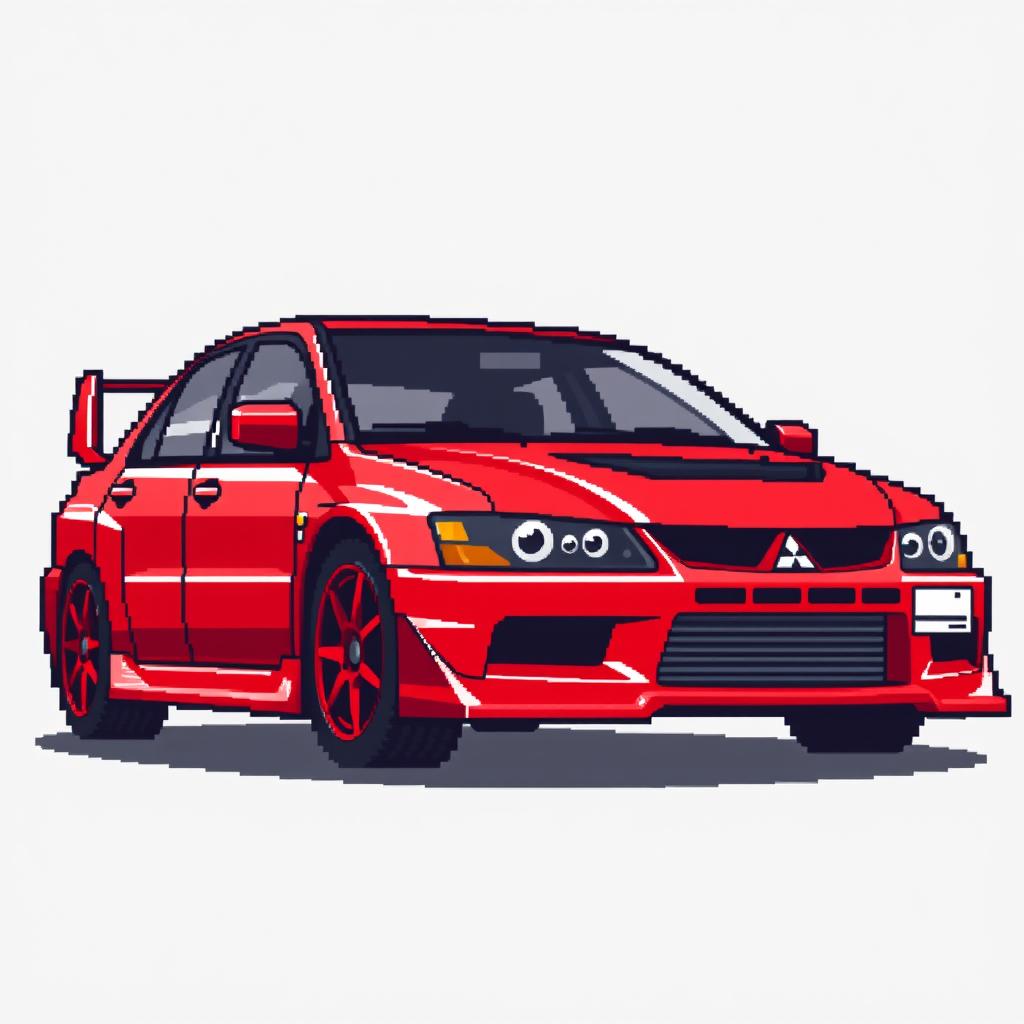 A pixel art illustration of a red 2006 Mitsubishi Lancer Evolution IX, captured from a side angle to highlight its sporty silhouette and iconic features