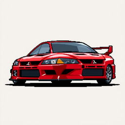 A pixel art illustration of a red 2006 Mitsubishi Lancer Evolution IX, captured from a side angle to highlight its sporty silhouette and iconic features