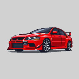 A pixel art illustration of a red 2006 Mitsubishi Lancer Evolution IX, captured from a side angle to highlight its sporty silhouette and iconic features