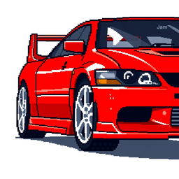 A pixel art illustration of a red 2006 Mitsubishi Lancer Evolution IX, captured from a side angle to highlight its sporty silhouette and iconic features