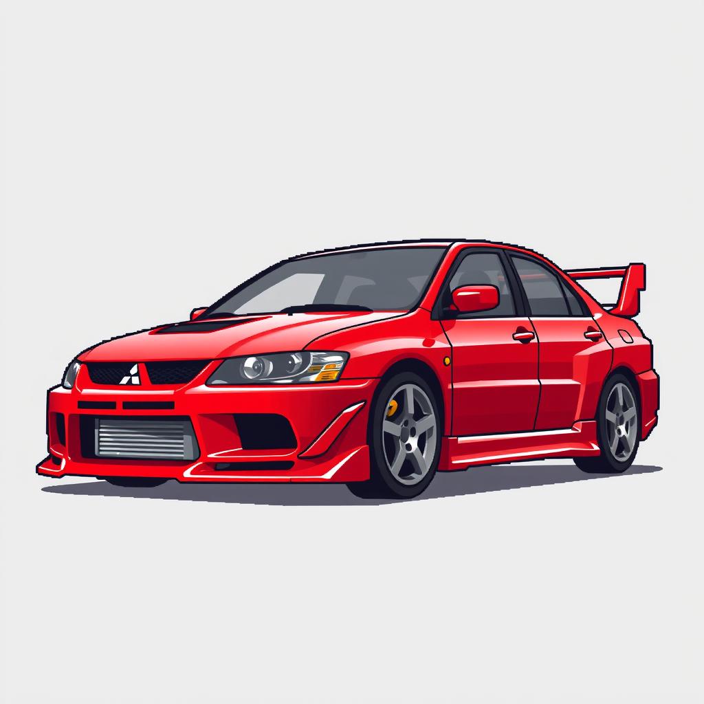 A pixel art illustration of a red 2006 Mitsubishi Lancer Evolution IX from a side angle, capturing the car's sporty and aggressive look