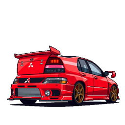 A pixel art illustration of a red 2006 Mitsubishi Lancer Evolution IX from a side angle, capturing the car's sporty and aggressive look