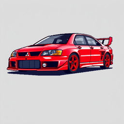 A pixel art illustration of a red 2006 Mitsubishi Lancer Evolution IX from a side angle, capturing the car's sporty and aggressive look