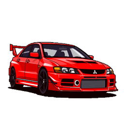 A pixel art illustration of a red 2006 Mitsubishi Lancer Evolution IX from a side angle, capturing the car's sporty and aggressive look