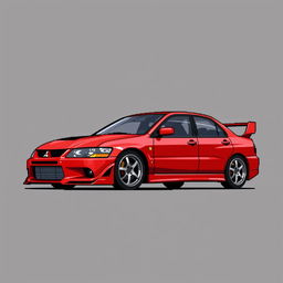 A pixel art illustration of a red 2006 Mitsubishi Lancer Evolution IX, inspired by its appearance in 'Tokyo Drift'