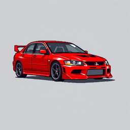 A pixel art illustration of a red 2006 Mitsubishi Lancer Evolution IX, inspired by its appearance in 'Tokyo Drift'