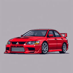 A pixel art illustration of a red 2006 Mitsubishi Lancer Evolution IX, inspired by its appearance in 'Tokyo Drift'