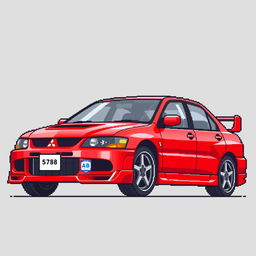 A pixel art illustration of a red 2006 Mitsubishi Lancer Evolution IX, inspired by its appearance in 'Tokyo Drift'