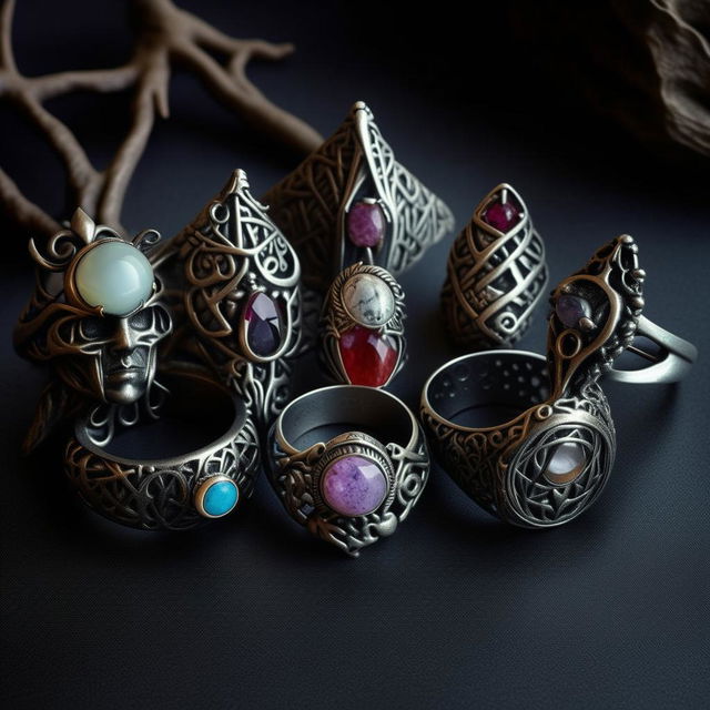 A collection of unique, intricate witch rings, adorned with arcane symbols, different types of stones, and mysterious filigree designs.