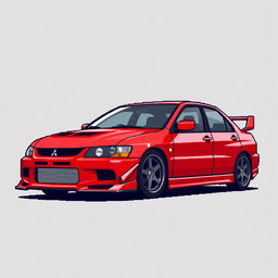 A pixel art depiction of a red 2006 Mitsubishi Lancer Evolution IX, inspired by its appearance in 'Tokyo Drift'