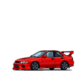 A pixel art depiction of a red 2006 Mitsubishi Lancer Evolution IX, inspired by its appearance in 'Tokyo Drift'