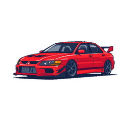 A pixel art depiction of a red 2006 Mitsubishi Lancer Evolution IX, inspired by its appearance in 'Tokyo Drift'