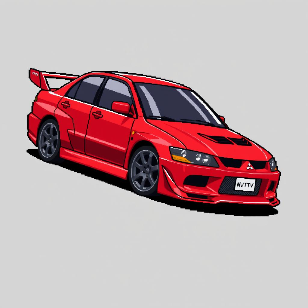 A pixel art rendition of a red 2006 Mitsubishi Lancer Evolution IX, inspired by its iconic look from 'Tokyo Drift'