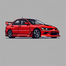 A pixel art rendition of a red 2006 Mitsubishi Lancer Evolution IX, inspired by its iconic look from 'Tokyo Drift'