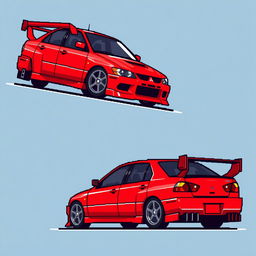 A pixel art rendition of a red 2006 Mitsubishi Lancer Evolution IX, inspired by its iconic look from 'Tokyo Drift'