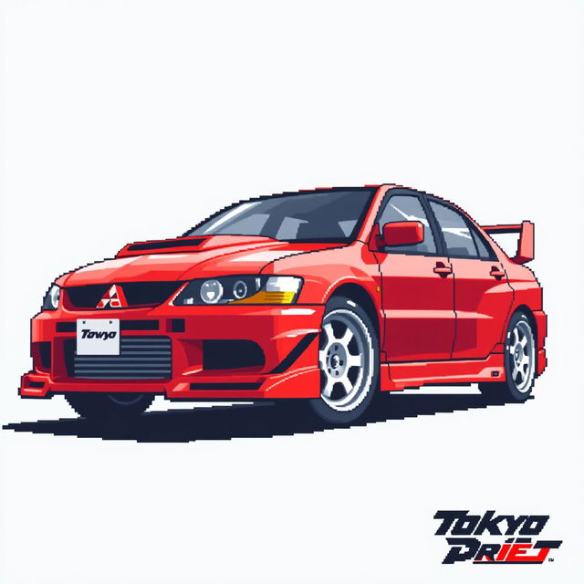 A pixel art rendition of a red 2006 Mitsubishi Lancer Evolution IX, inspired by its iconic look from 'Tokyo Drift'