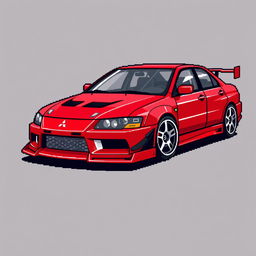 A pixel art representation of a red 2006 Mitsubishi Lancer Evolution IX, capturing its iconic look from 'Tokyo Drift'