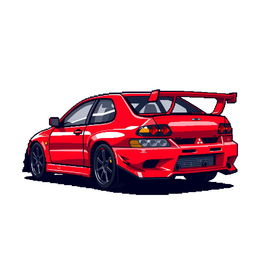 A pixel art representation of a red 2006 Mitsubishi Lancer Evolution IX, capturing its iconic look from 'Tokyo Drift'