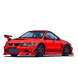 A pixel art representation of a red 2006 Mitsubishi Lancer Evolution IX, capturing its iconic look from 'Tokyo Drift'