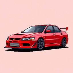 A pixel art representation of a red 2006 Mitsubishi Lancer Evolution IX, capturing its iconic look from 'Tokyo Drift'