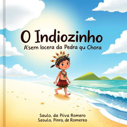 A whimsical book cover for a children's book titled 'O Indiozinho Pena de Coruja na Terra da Pedra que Chora' by Saulo Piva Romero