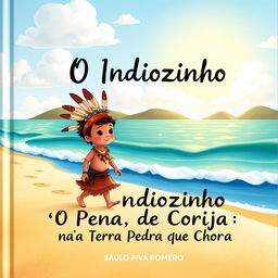 A whimsical book cover for a children's book titled 'O Indiozinho Pena de Coruja na Terra da Pedra que Chora' by Saulo Piva Romero