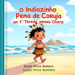 A whimsical book cover for a children's book titled 'O Indiozinho Pena de Coruja na Terra da Pedra que Chora' by Saulo Piva Romero