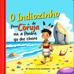 A colorful children's book cover titled 'O Indiozinho Pena de Coruja na Terra da Pedra que Chora' by Saulo Piva Romero