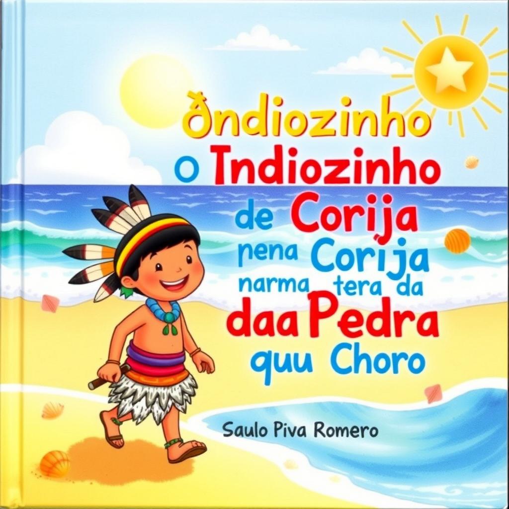 A colorful children's book cover titled 'O Índiozinho Pena de Coruja na Terra da Pedra que Chora' by Saulo Piva Romero