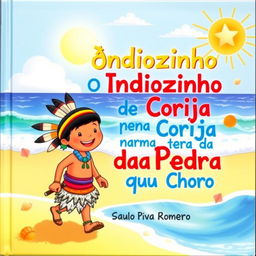 A colorful children's book cover titled 'O Índiozinho Pena de Coruja na Terra da Pedra que Chora' by Saulo Piva Romero