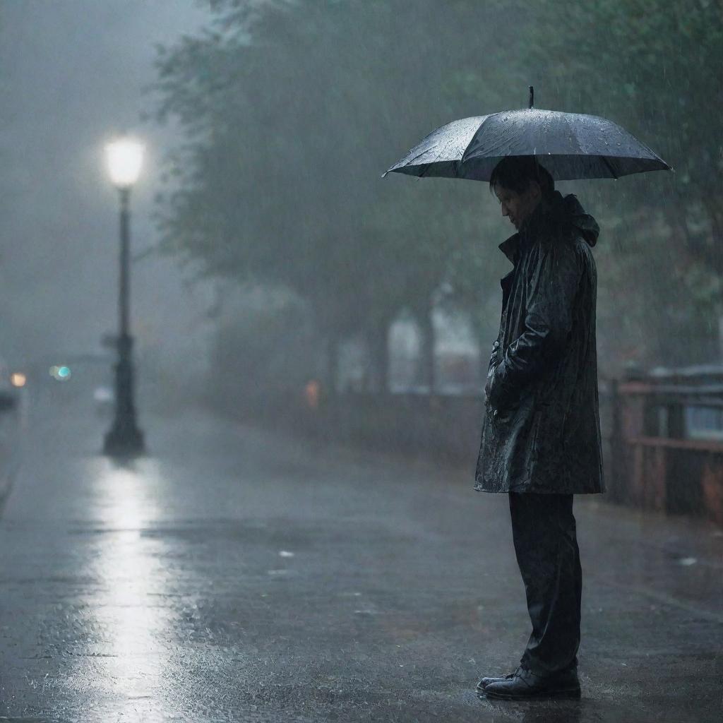 A melancholic scene of a man standing alone beneath pouring rain, his face etched with longing as he waits hopefully for his lover to appear.