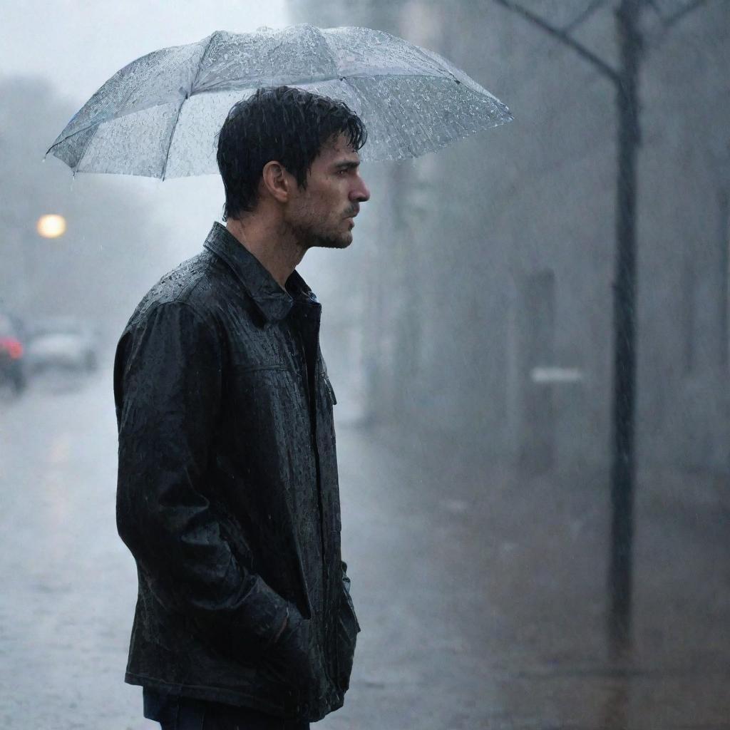 A melancholic scene of a man standing alone beneath pouring rain, his face etched with longing as he waits hopefully for his lover to appear.