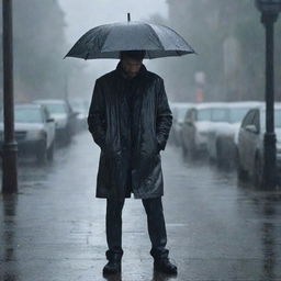 A melancholic scene of a man standing alone beneath pouring rain, his face etched with longing as he waits hopefully for his lover to appear.