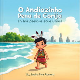 A whimsical children's book cover for 'O Índiozinho Pena de Coruja na Terra da Pedra que Chora' by Saulo Piva Romero