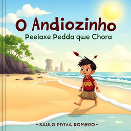 A whimsical children's book cover for 'O Índiozinho Pena de Coruja na Terra da Pedra que Chora' by Saulo Piva Romero