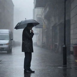 A melancholic scene of a man standing alone beneath pouring rain, his face etched with longing as he waits hopefully for his lover to appear.