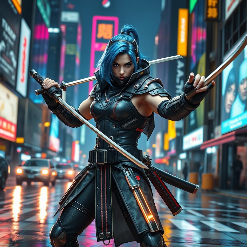 A fierce cyberpunk assassin, dressed in sleek, high-tech armor with neon accents, wielding dual short katanas ready for action